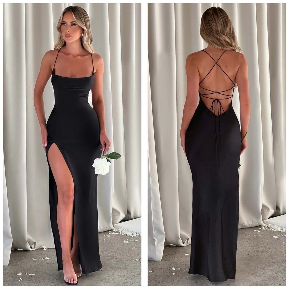Babyboo Misha Maxi Dress Size Small Black Satin Formal Lace Up Back Wedding